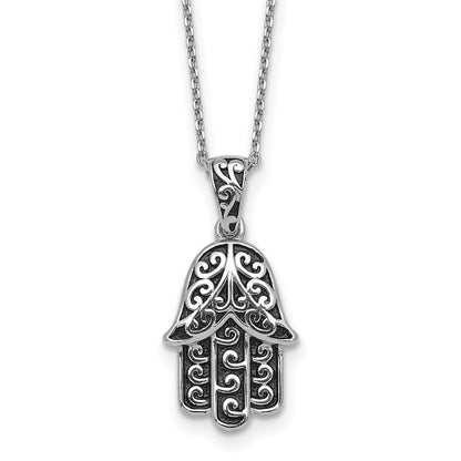Sterling Silver Rhodium Plated Polished/oxidized Filigree Hamsa 18 Inch Necklace