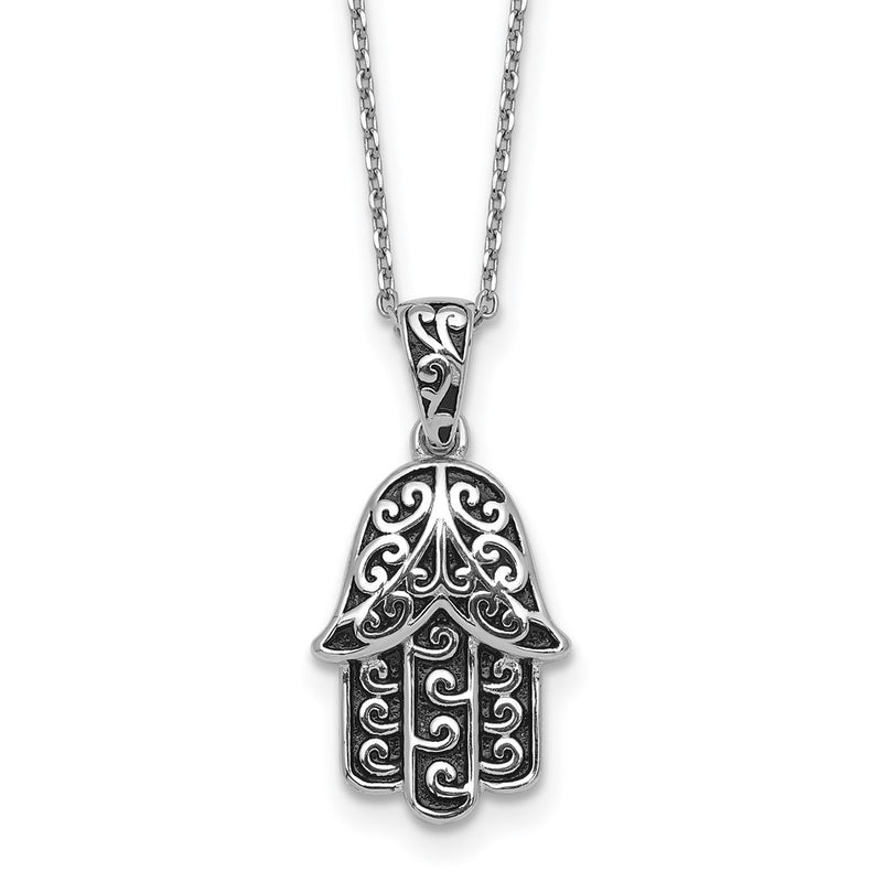Sterling Silver Rhodium Plated Polished/oxidized Filigree Hamsa 18 Inch Necklace
