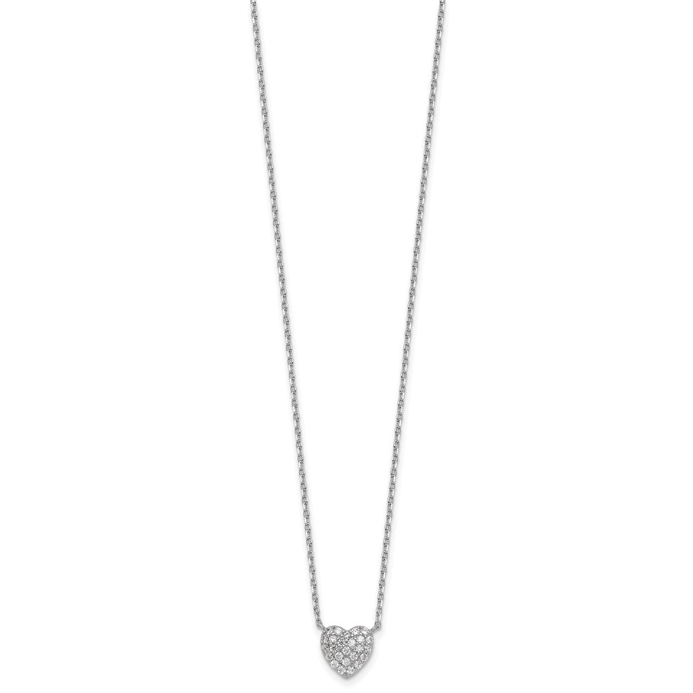 Sterling Silver Rhodium Plated Polished Pave CZ Heart 16in w/2in Ext Necklace