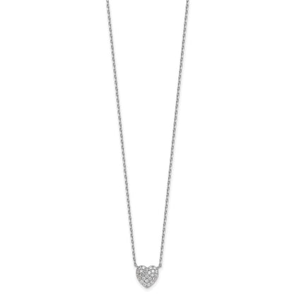 Sterling Silver Rhodium Plated Polished Pave CZ Heart 16in w/2in Ext Necklace