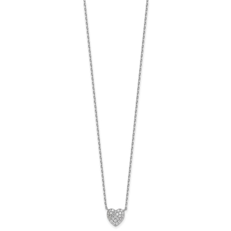 Sterling Silver Rhodium Plated Polished Pave CZ Heart 16in w/2in Ext Necklace