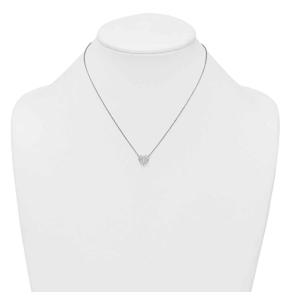 Sterling Silver Rhodium Plated Polished Pave CZ Heart 16in w/2in Ext Necklace