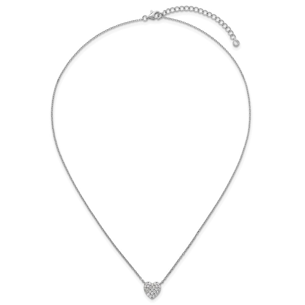 Sterling Silver Rhodium Plated Polished Pave CZ Heart 16in w/2in Ext Necklace