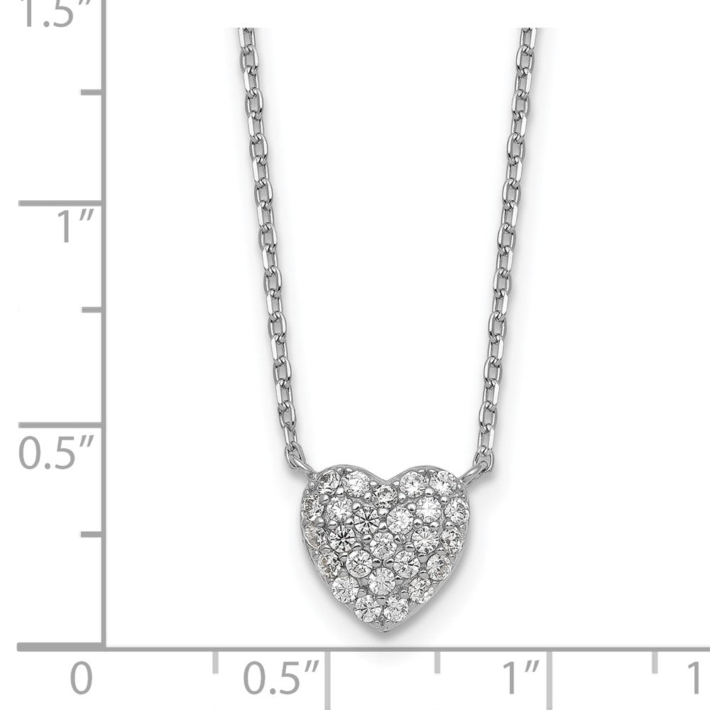 Sterling Silver Rhodium Plated Polished Pave CZ Heart 16in w/2in Ext Necklace