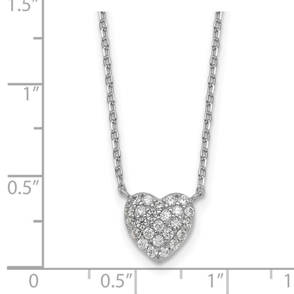 Sterling Silver Rhodium Plated Polished Pave CZ Heart 16in w/2in Ext Necklace