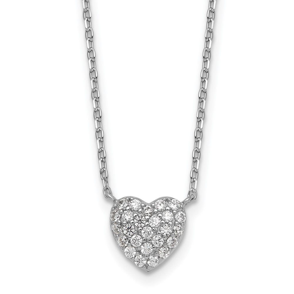 Sterling Silver Rhodium Plated Polished Pave CZ Heart 16in w/2in Ext Necklace