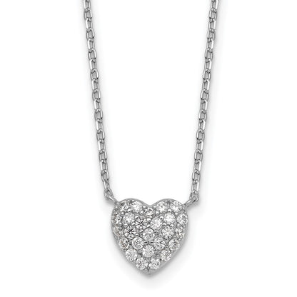 Sterling Silver Rhodium Plated Polished Pave CZ Heart 16in w/2in Ext Necklace