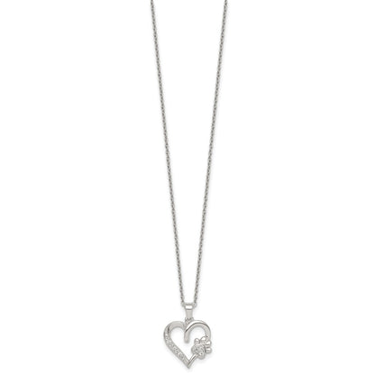 Sterling Silver Polished CZ Heart and Paw Necklace