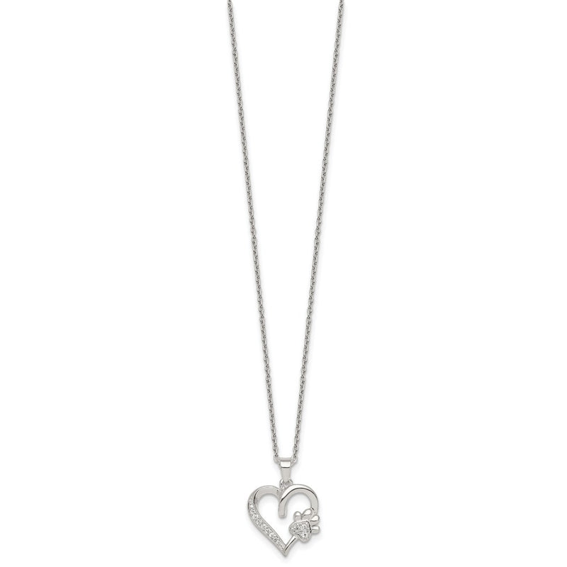 Sterling Silver Polished CZ Heart and Paw Necklace