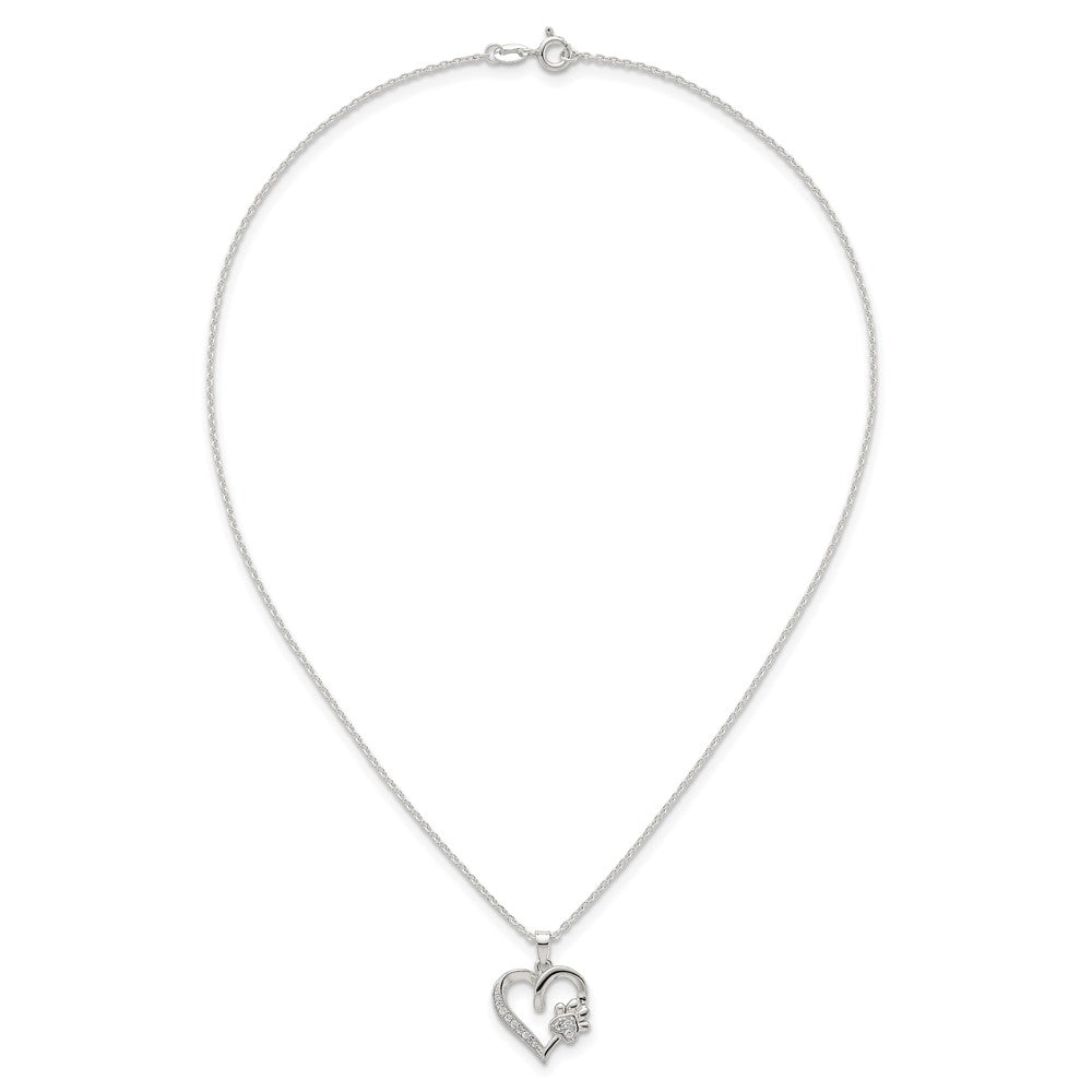 Sterling Silver Polished CZ Heart and Paw Necklace
