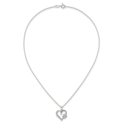 Sterling Silver Polished CZ Heart and Paw Necklace