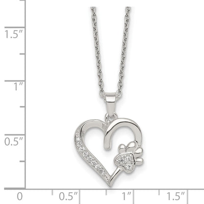 Sterling Silver Polished CZ Heart and Paw Necklace