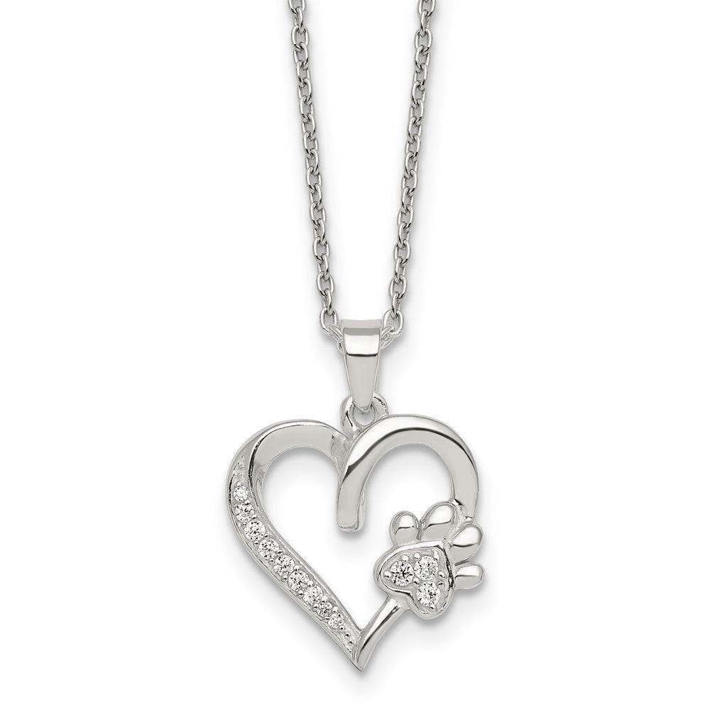 Sterling Silver Polished CZ Heart and Paw Necklace