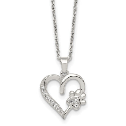 Sterling Silver Polished CZ Heart and Paw Necklace