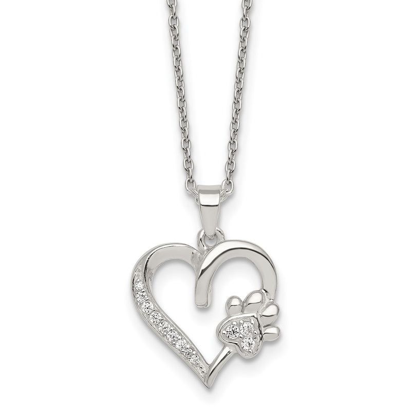 Sterling Silver Polished CZ Heart and Paw Necklace