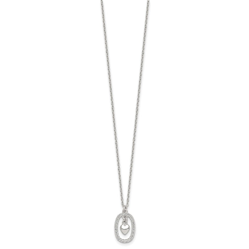 Sterling Silver Polished CZ Heart in Oval Necklace