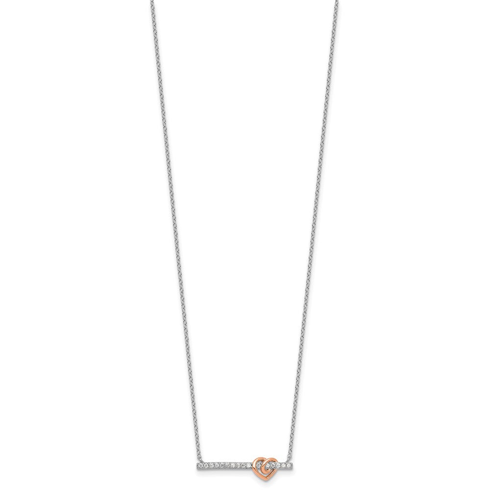 Sterling Silver Rh-Pltd and Rose-Tone CZ Heart Bar 16in w/2in Ext Necklace