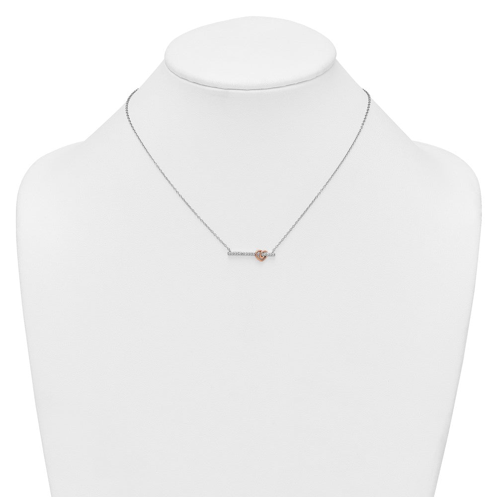 Sterling Silver Rh-Pltd and Rose-Tone CZ Heart Bar 16in w/2in Ext Necklace