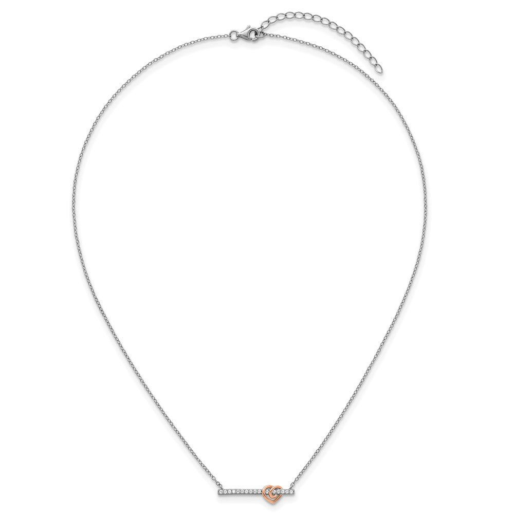 Sterling Silver Rh-Pltd and Rose-Tone CZ Heart Bar 16in w/2in Ext Necklace