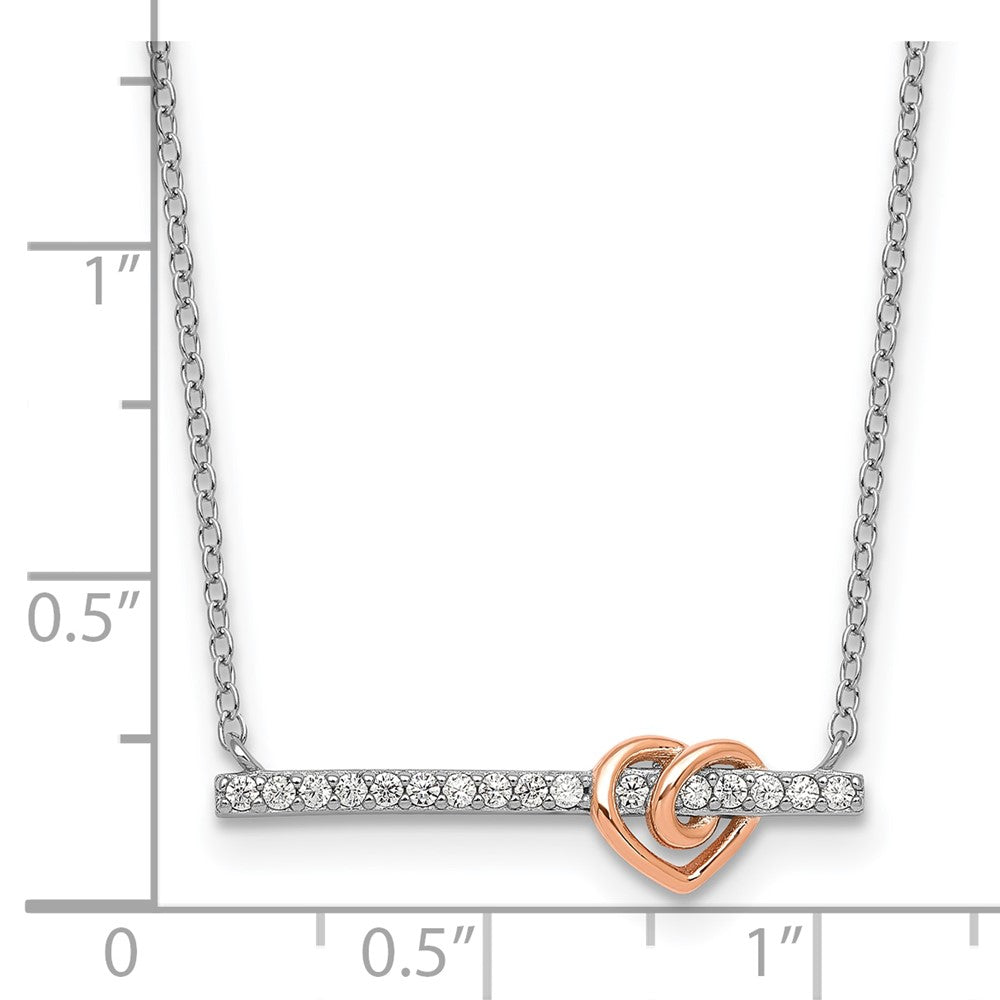 Sterling Silver Rh-Pltd and Rose-Tone CZ Heart Bar 16in w/2in Ext Necklace
