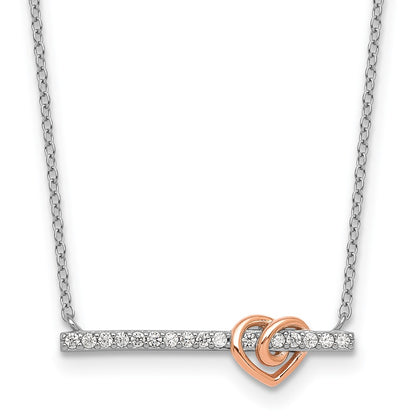 Sterling Silver Rh-Pltd and Rose-Tone CZ Heart Bar 16in w/2in Ext Necklace