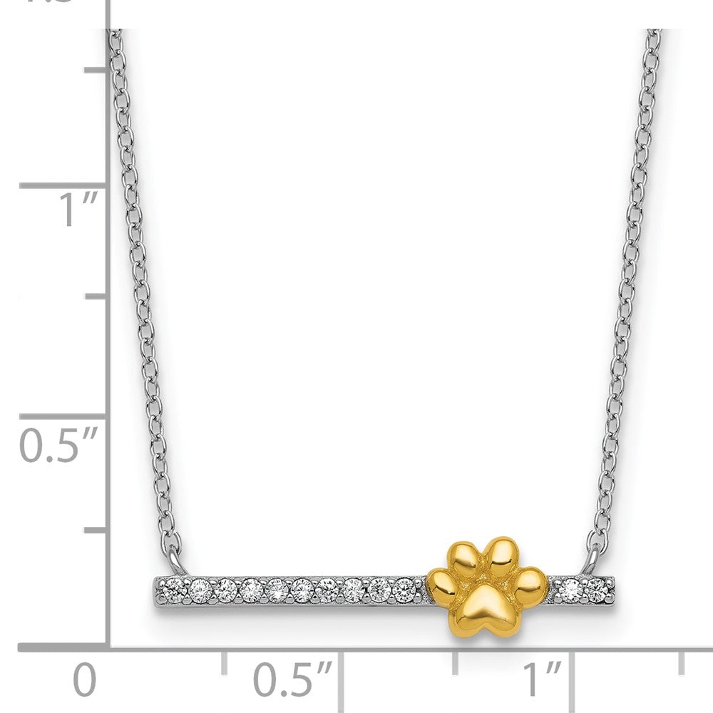Sterling Silver Rh-Pltd and Gold-Tone CZ Paw Bar 16in w/2in Ext Necklace