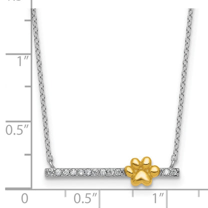 Sterling Silver Rh-Pltd and Gold-Tone CZ Paw Bar 16in w/2in Ext Necklace
