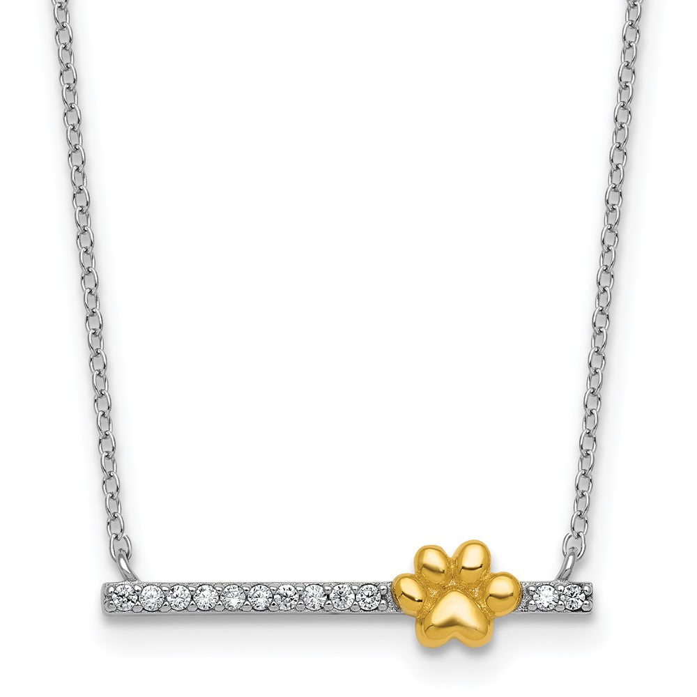 Sterling Silver Rh-Pltd and Gold-Tone CZ Paw Bar 16in w/2in Ext Necklace