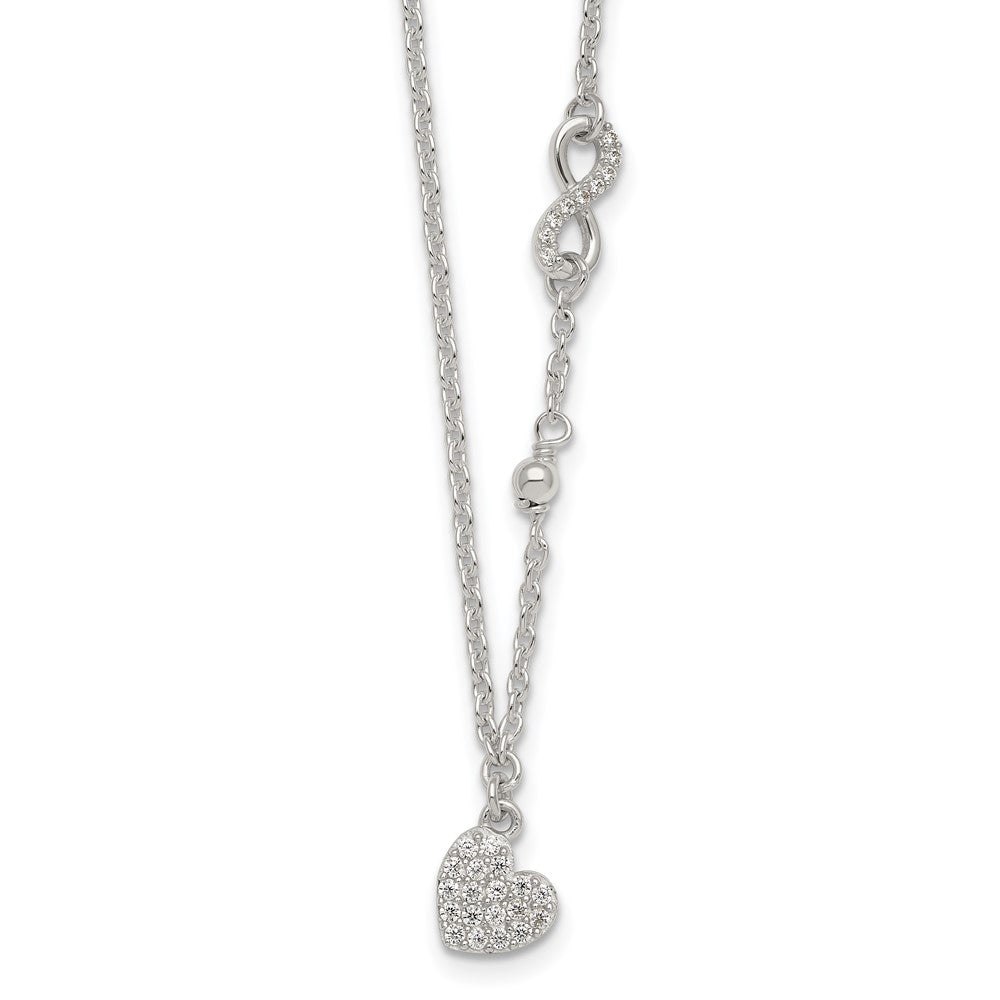Sterling Silver CZ Infinity and Heart W/ 2in Ext Necklace