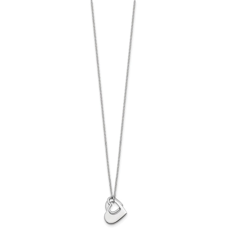 Sterling Silver Rh-Plat Heart with Heart Cutout 16in with 2in Ext Necklace