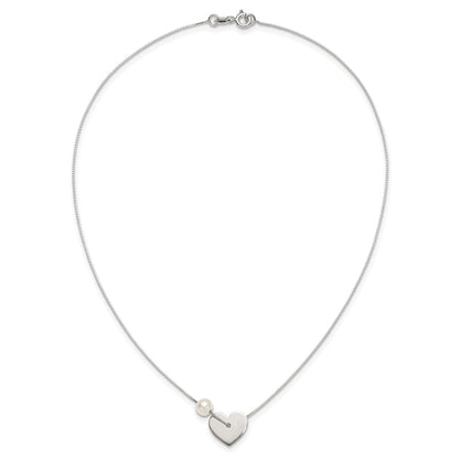 Sterling Silver Polished Glass Pearl Heart Necklace