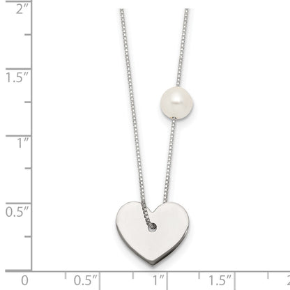 Sterling Silver Polished Glass Pearl Heart Necklace