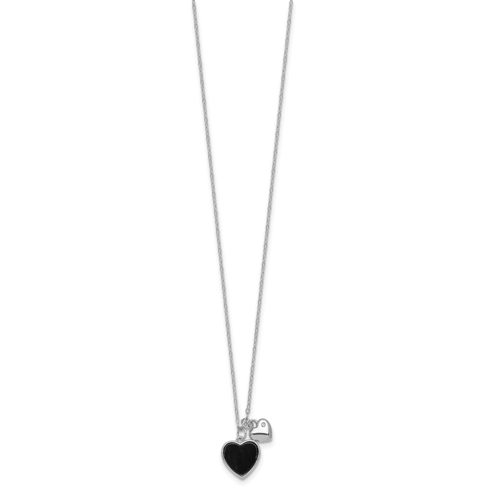Sterling Silver Rhodium Plated Onyx CZ Hearts 14in w/3in Ext Children's Necklace