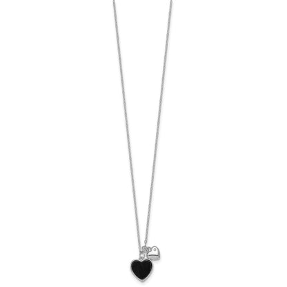 Sterling Silver Rhodium Plated Onyx CZ Hearts 14in w/3in Ext Children's Necklace