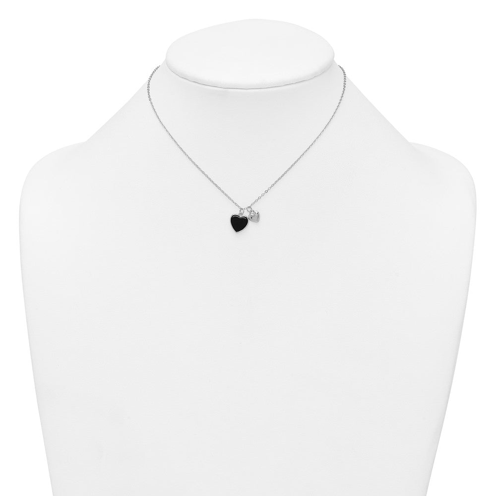 Sterling Silver Rhodium Plated Onyx CZ Hearts 14in w/3in Ext Children's Necklace