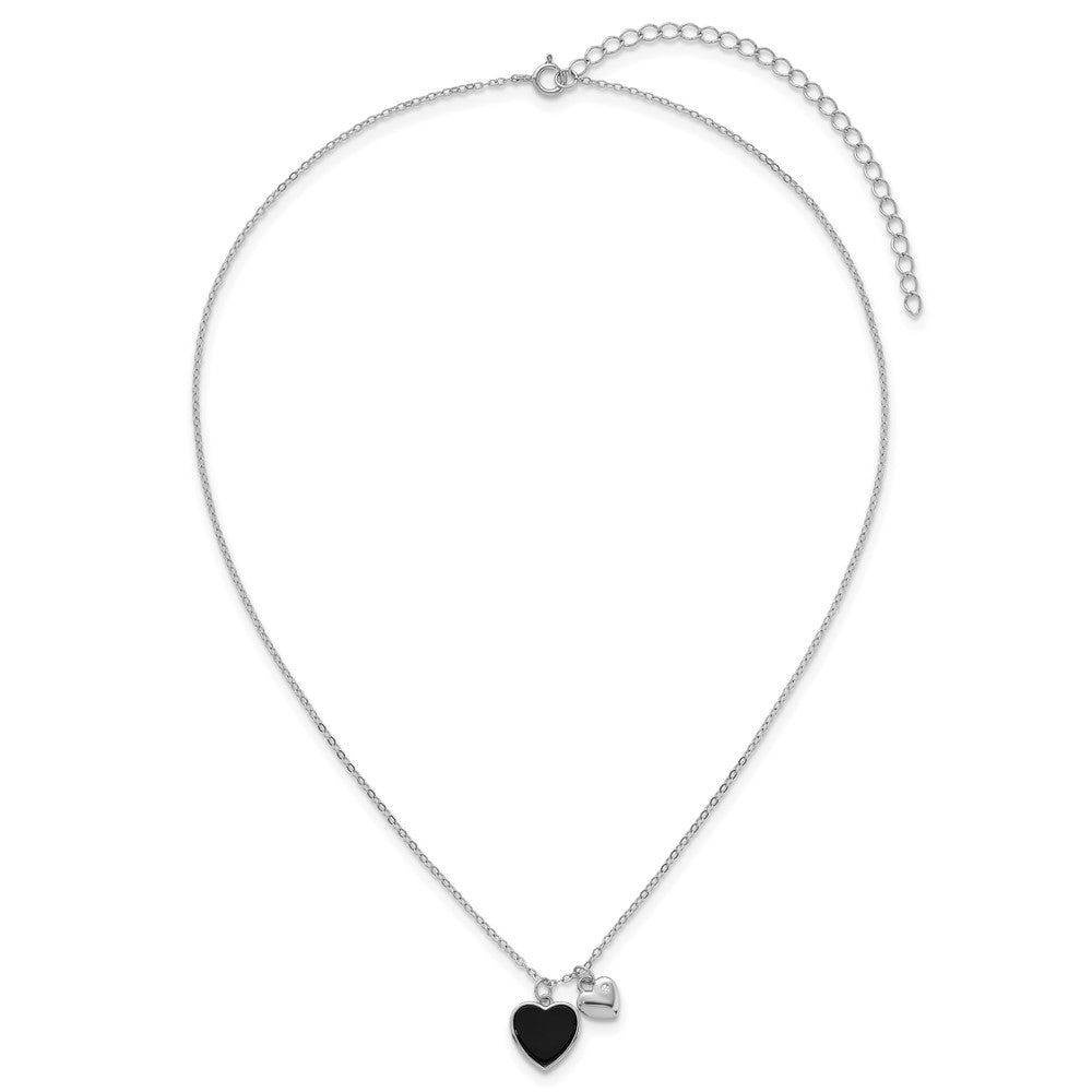 Sterling Silver Rhodium Plated Onyx CZ Hearts 14in w/3in Ext Children's Necklace