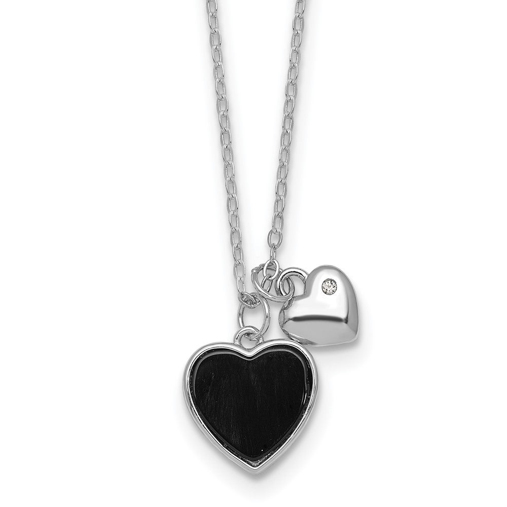 Sterling Silver Rhodium Plated Onyx CZ Hearts 14in w/3in Ext Children's Necklace