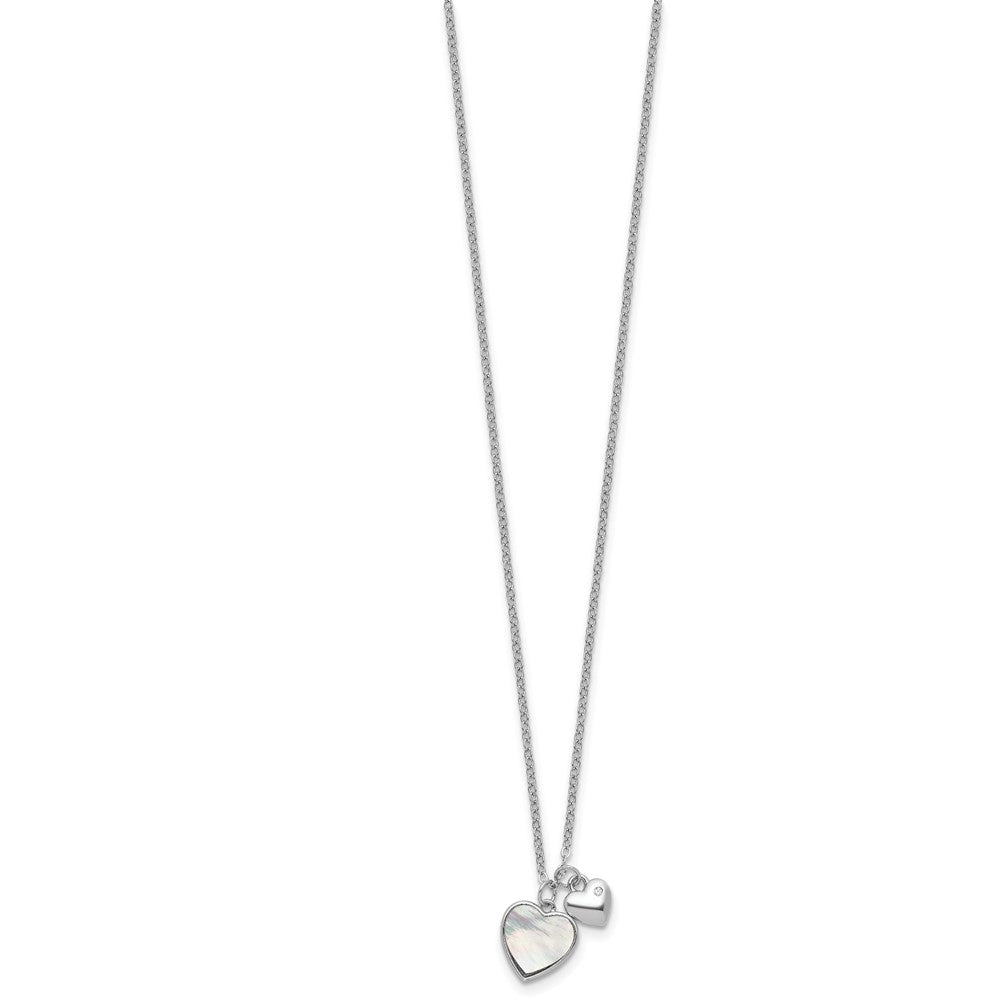 Sterling Silver Rhodium Plated Mop CZ Hearts 14in w/3in Ext Children's Necklace