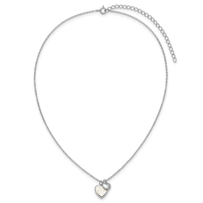 Sterling Silver Rhodium Plated Mop CZ Hearts 14in w/3in Ext Children's Necklace