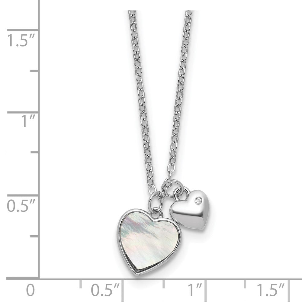 Sterling Silver Rhodium Plated Mop CZ Hearts 14in w/3in Ext Children's Necklace