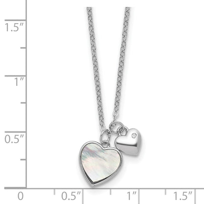 Sterling Silver Rhodium Plated Mop CZ Hearts 14in w/3in Ext Children's Necklace