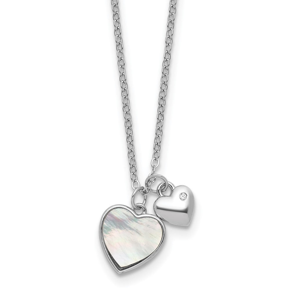 Sterling Silver Rhodium Plated Mop CZ Hearts 14in w/3in Ext Children's Necklace