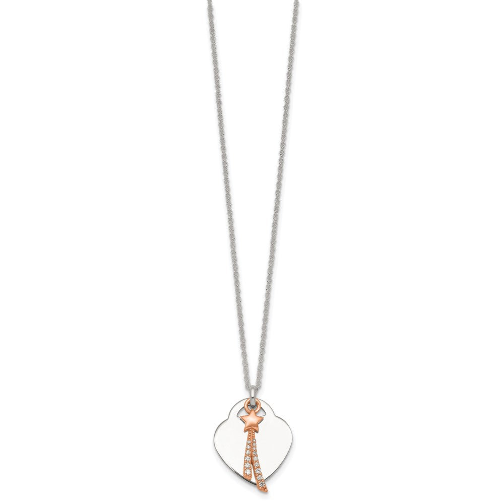 Sterling Silver Rose-Tone Polished CZ Shooting Star and Heart Necklace