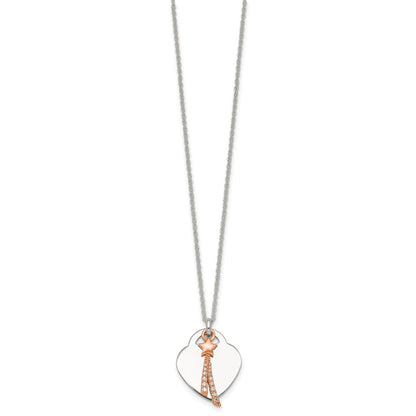 Sterling Silver Rose-Tone Polished CZ Shooting Star and Heart Necklace
