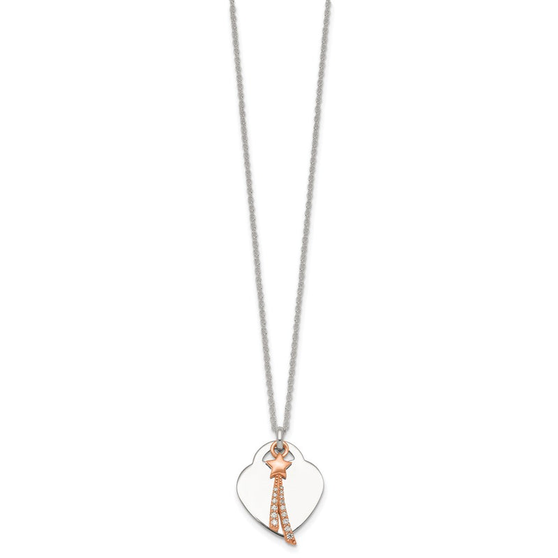 Sterling Silver Rose-Tone Polished CZ Shooting Star and Heart Necklace