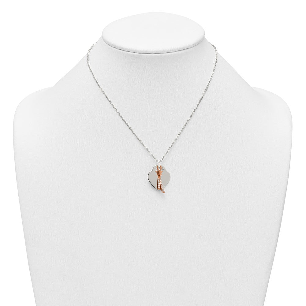 Sterling Silver Rose-Tone Polished CZ Shooting Star and Heart Necklace