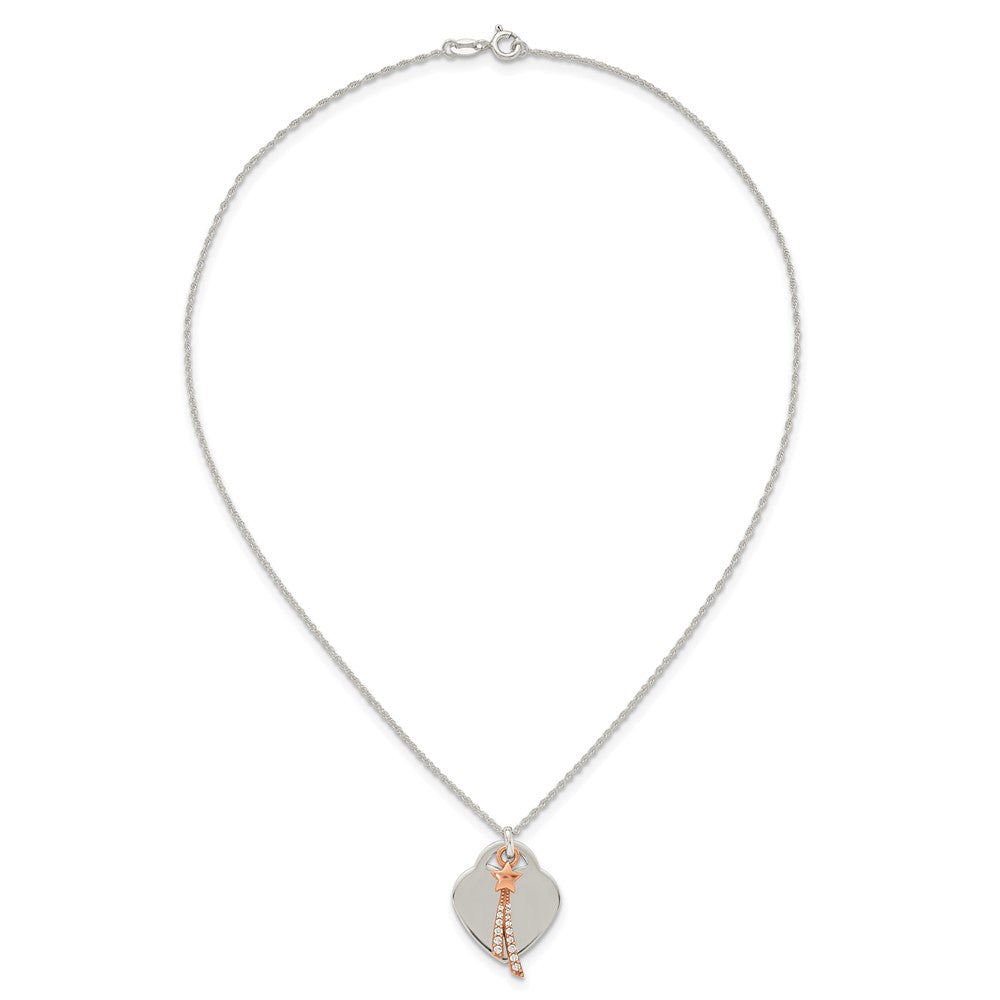 Sterling Silver Rose-Tone Polished CZ Shooting Star and Heart Necklace