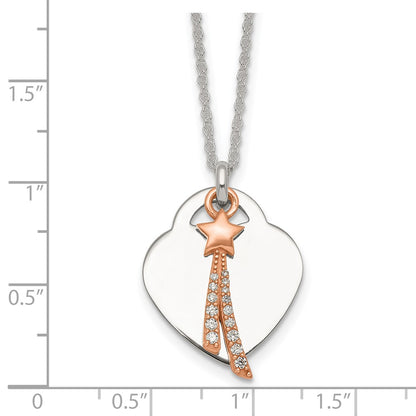 Sterling Silver Rose-Tone Polished CZ Shooting Star and Heart Necklace