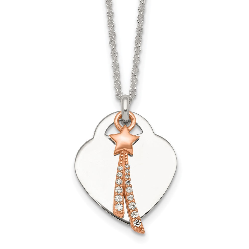Sterling Silver Rose-Tone Polished CZ Shooting Star and Heart Necklace