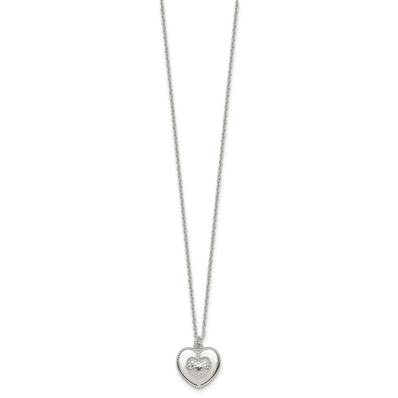 Sterling Silver Polished and Textured Heart W/ 2in Ext Necklace